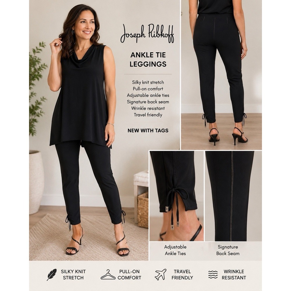 JOSEPH RIBKOFF NWT Black Silky Knit Ankle Tie Pull On Leggings Women's Size 10